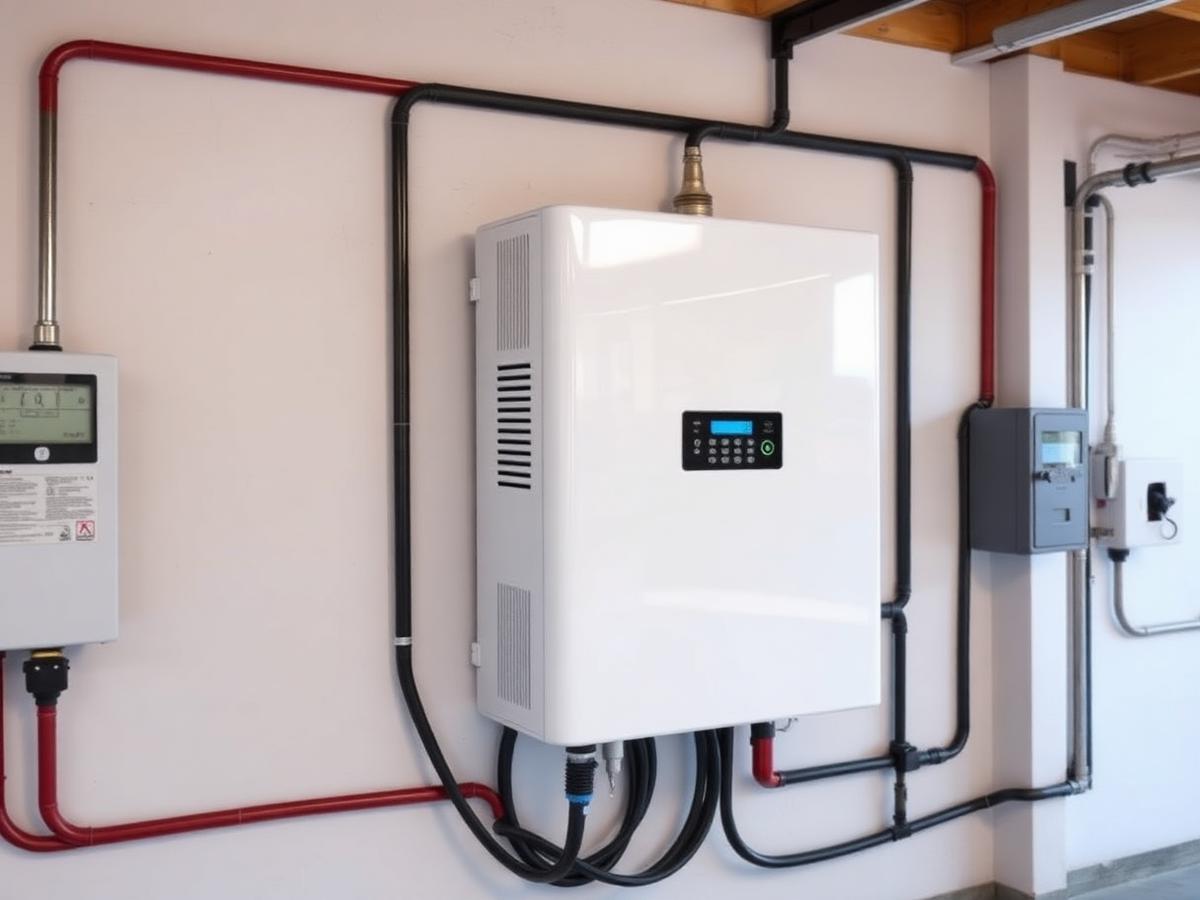 Wall-mounted home backup battery installed beside an electrical meter