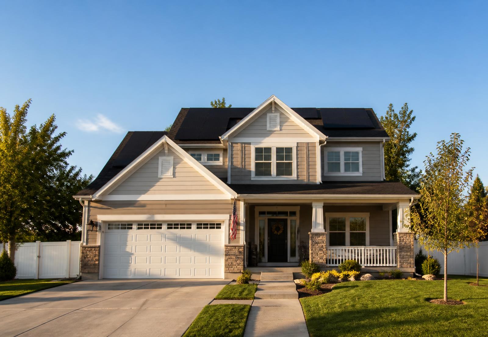 Suburban home with black solar panels on a pitched roof in afternoon sun